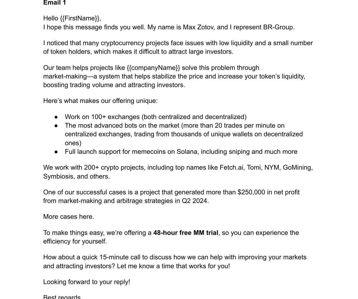 Excerpt from the approved b-r-group outreach email sequence