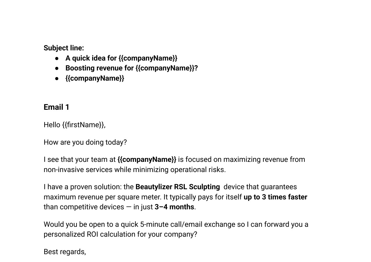 Excerpt from the approved Beautylizer outreach email sequence