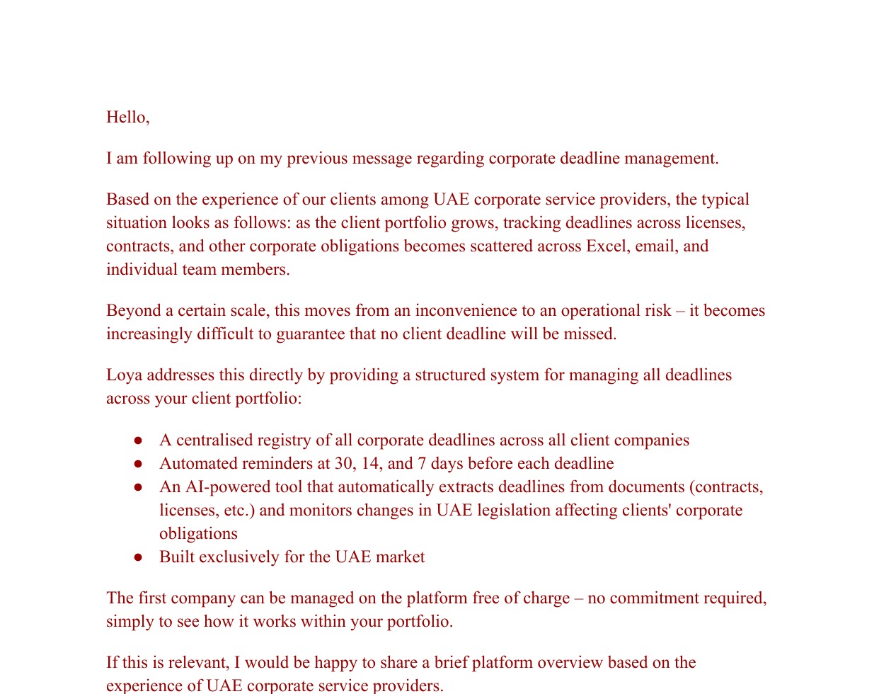 Excerpt from the approved Loya outreach email sequence